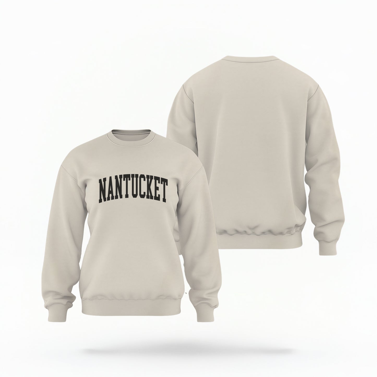 The sand Unisex Nantucket Varsity Crewneck Sweatshirt lays flat on a white background. The Nantucket graphic is in bold black and varsity offset style.