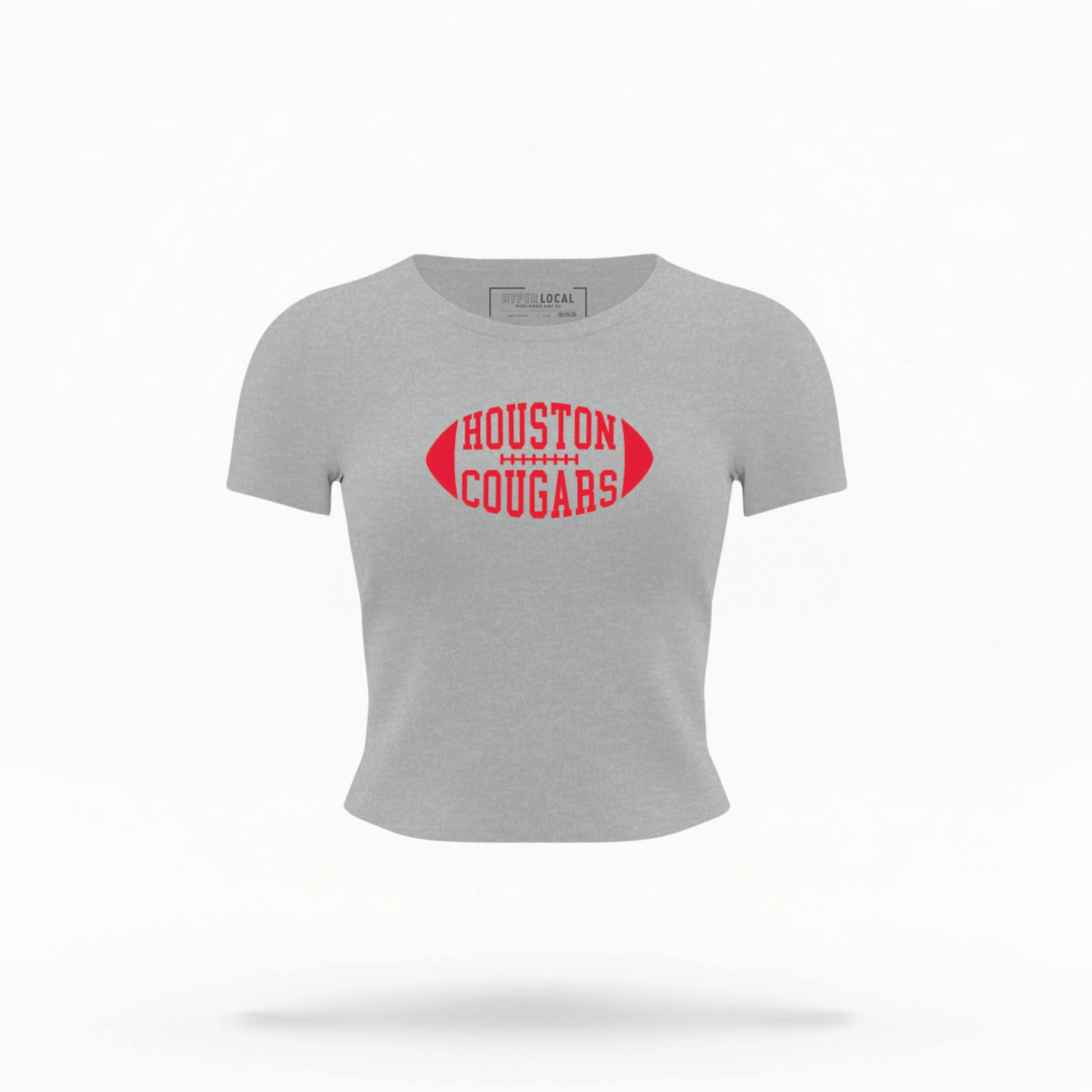 The Grey Houston Cougars Football Crop Top lays flat on a white background. The Houston Cougars Football graphic is in bold Red in a Football Shaped style.