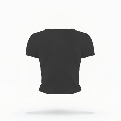 The Black WomensCrop Top lays flat on a white background. 