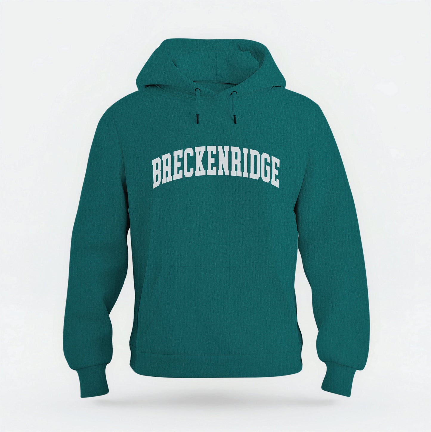 The Emerald Green Breckenridge Colorado Varsity Organic Cotton Hoodie lays flat on a white background.