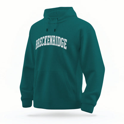 The Emerald Green Breckenridge Colorado Varsity Organic Cotton Hoodie lays flat on a white background.