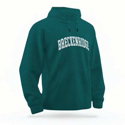 The Emerald Green Breckenridge Colorado Varsity Organic Cotton Hoodie lays flat on a white background.