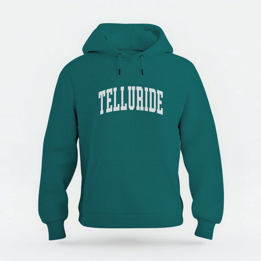 The Emerald Green Telluride Colorado Varsity Organic Cotton Hoodie lays flat on a white background.