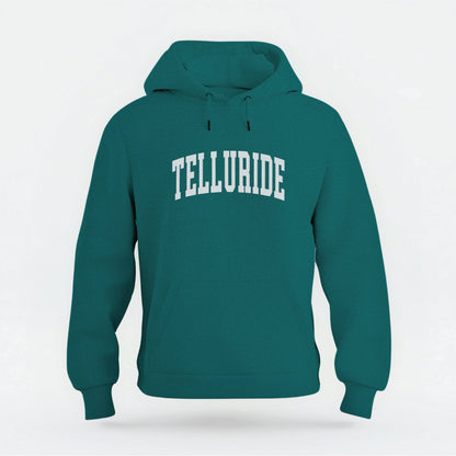 The Emerald Green Telluride Colorado Varsity Organic Cotton Hoodie lays flat on a white background.