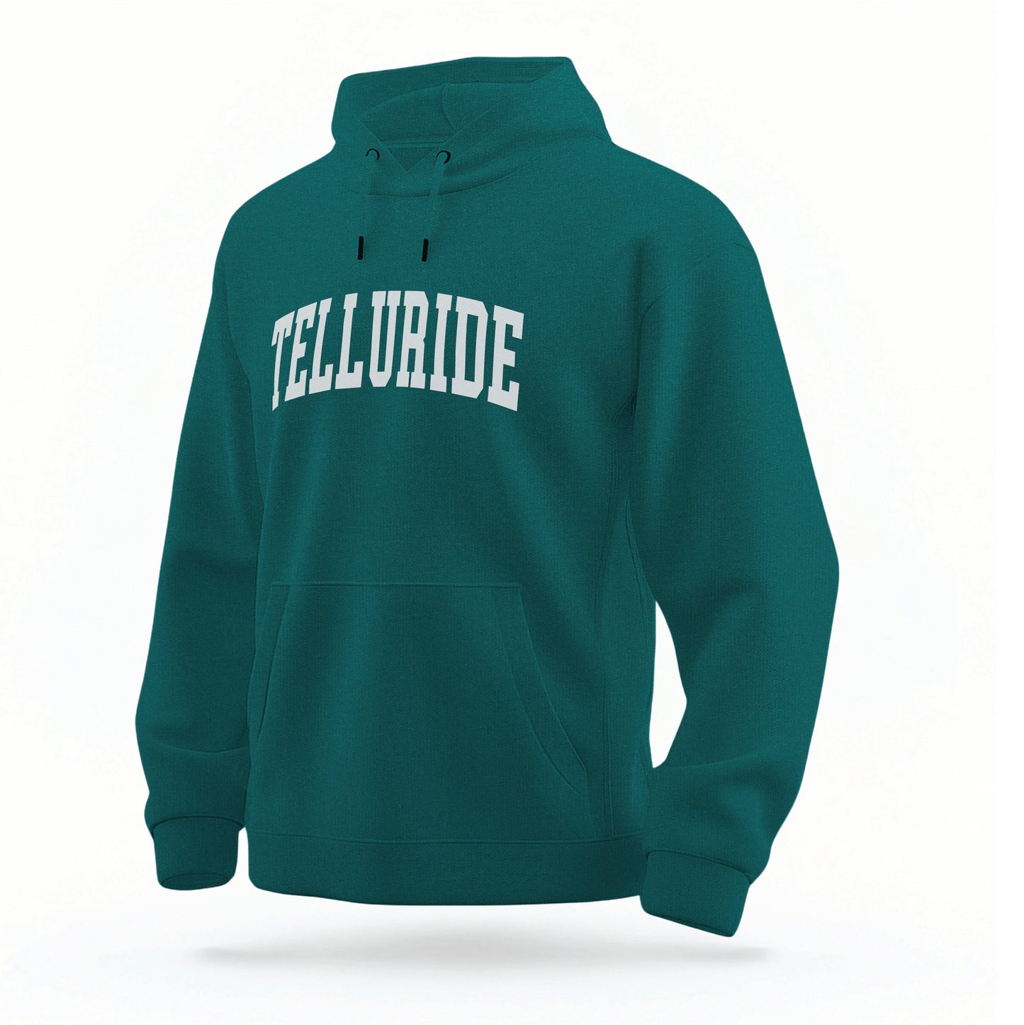 The Emerald Green Telluride Colorado Varsity Organic Cotton Hoodie lays flat on a white background.