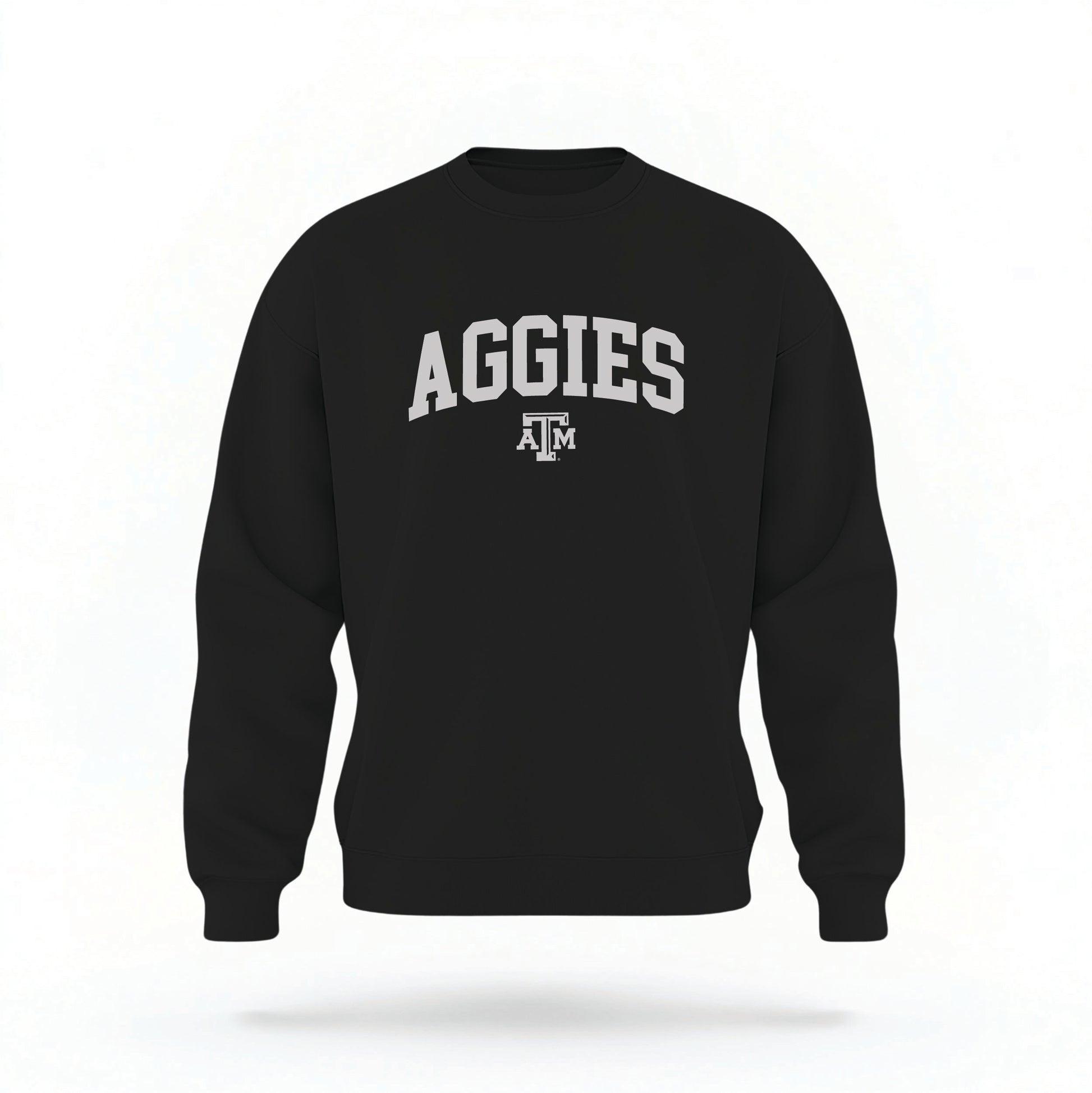 The Black Unisex Texas A&M Aggies Collegiate Crewneck Sweatshirt lays flat on a white background. The ﻿Texas A&M Aggies Collegiate﻿ graphic is in bold white in a Collegiate style.