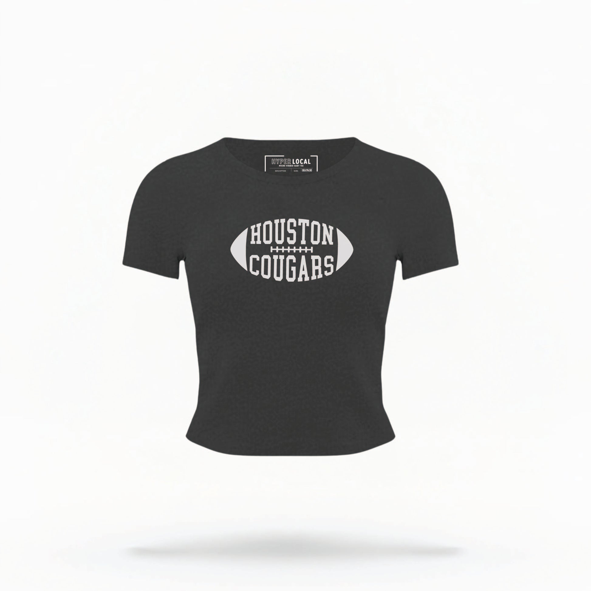 The Black Houston Cougars Football Crop Top lays flat on a white background. The Houston Cougars Football graphic is in bold white in a Football Shaped style.