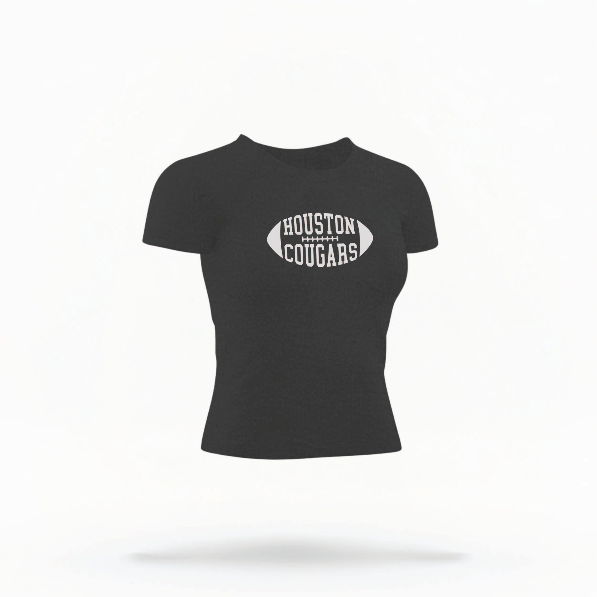 The Black Houston Cougars Football Crop Top lays flat on a white background. The Houston Cougars Football graphic is in bold white in a Football Shaped style.