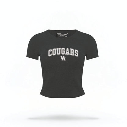 The black Houston Cougars Varsity Crop Top lays flat on a white background. The ﻿Houston Cougars Varsity﻿ graphic is in bold white in a Collegiate style.