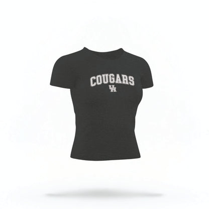 The black Houston Cougars Varsity Crop Top lays flat on a white background. The ﻿Houston Cougars Varsity﻿ graphic is in bold white in a Collegiate style.