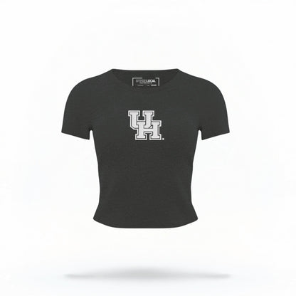 The black Houston Cougars Logo Crop Top lays flat on a white background. The ﻿Houston Cougars Logo﻿ graphic is in bold white in a Collegiate style.