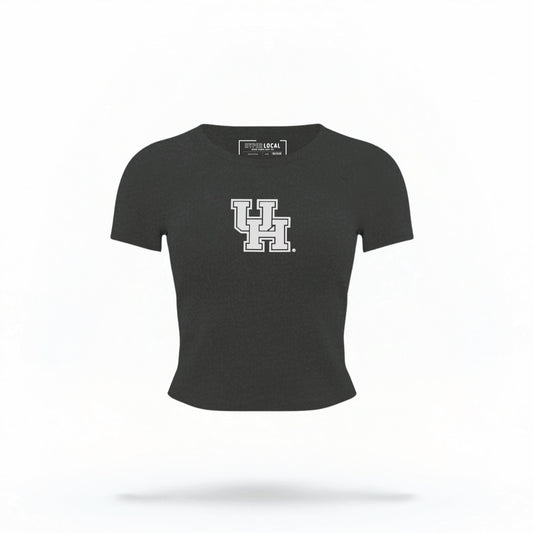 The black Houston Cougars Logo Crop Top lays flat on a white background. The ﻿Houston Cougars Logo﻿ graphic is in bold white in a Collegiate style.