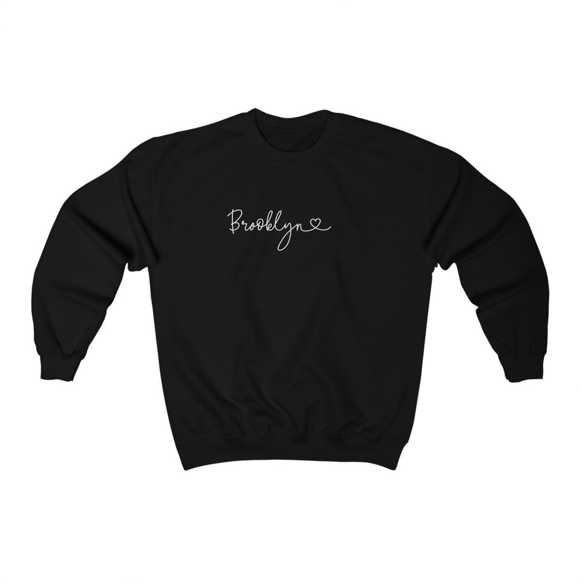 The Black Adult Unisex Brooklyn NY Dainty Crewneck Sweatshirt lays flat on a white background. The ﻿Brooklyn NY Dainty﻿ graphic is in bold White in a Script style.