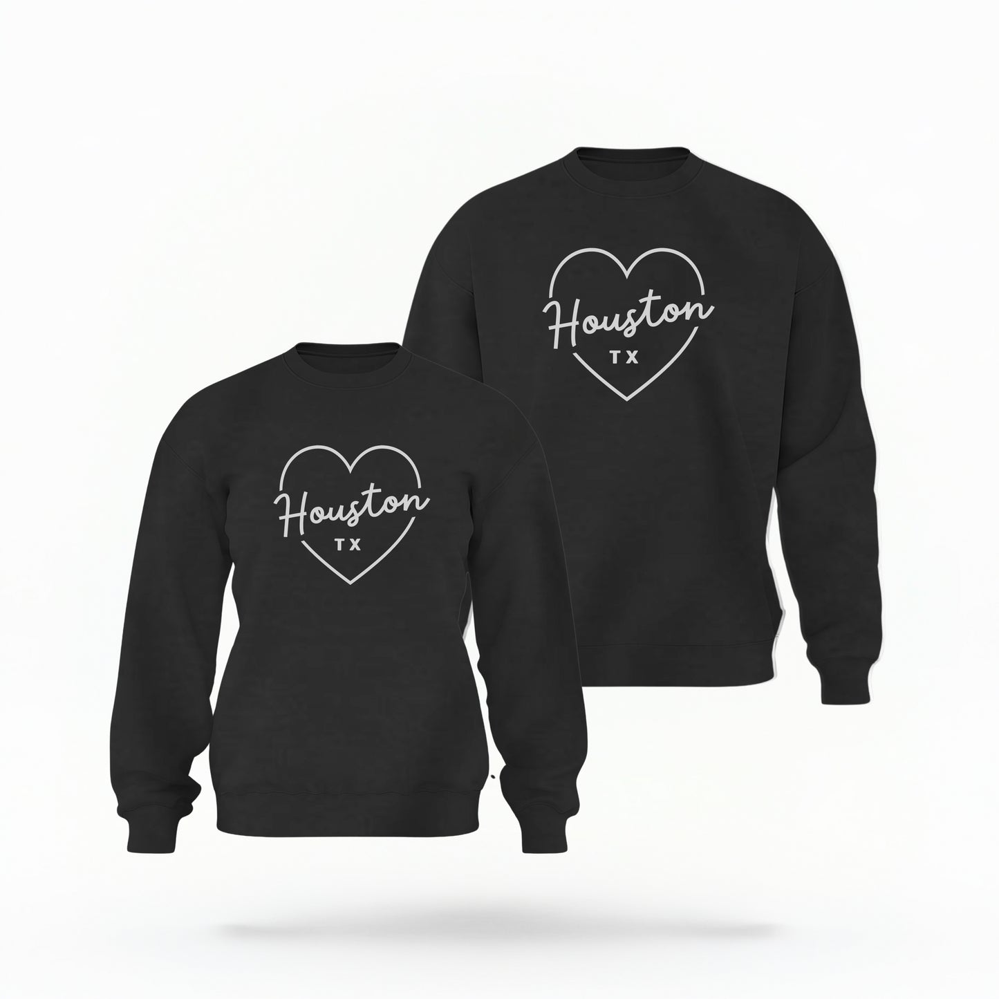 The Black Houston TX Love Crewneck Sweatshirt lays flat on a white background. The ﻿Houston TX Love﻿ graphic is in bold White in a Script style.