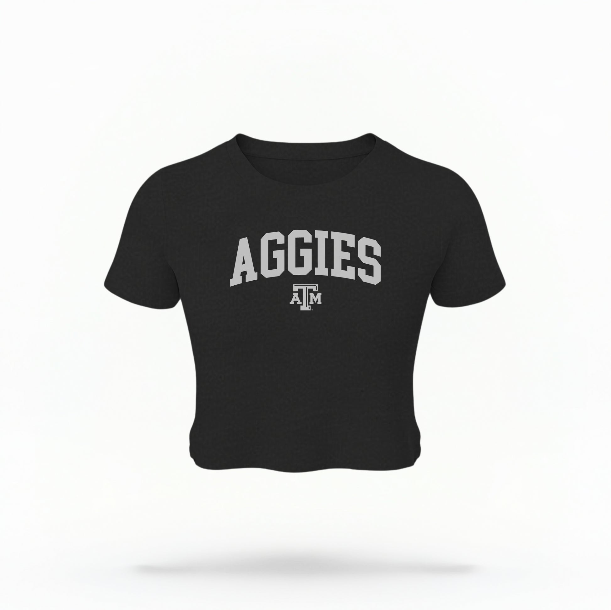 The Black Texas A&M Aggies Collegiate Crop Top lays flat on a white background. The ﻿Texas A&M Aggies Collegiate﻿ graphic is in bold white in a Varsity style.