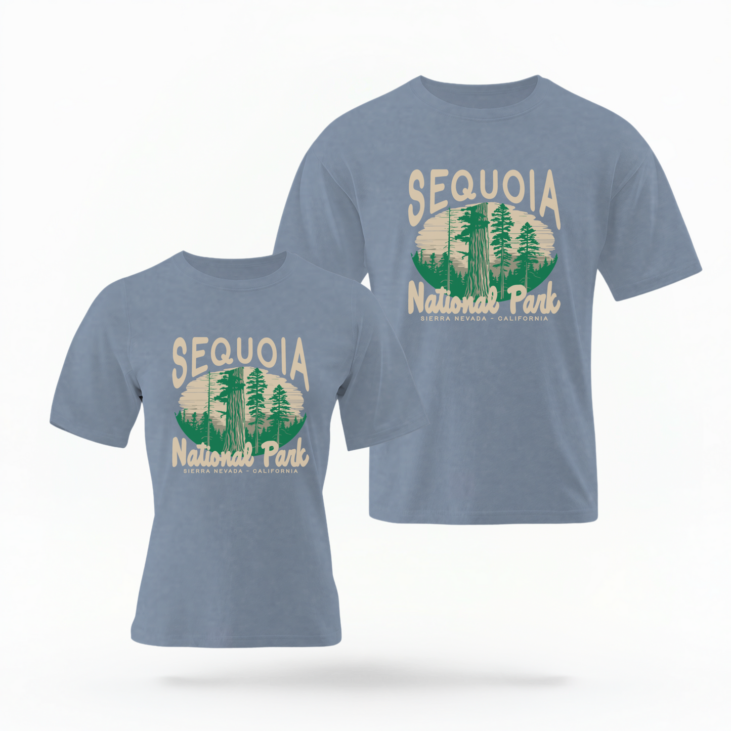 The Blue Jean Adult Unisex Sequoia National Park Comfort Colors T-shirt lays flat on a white background. The ﻿Sequoia National Park﻿ graphic is in bold Lifestyle in a Rustic Park style.