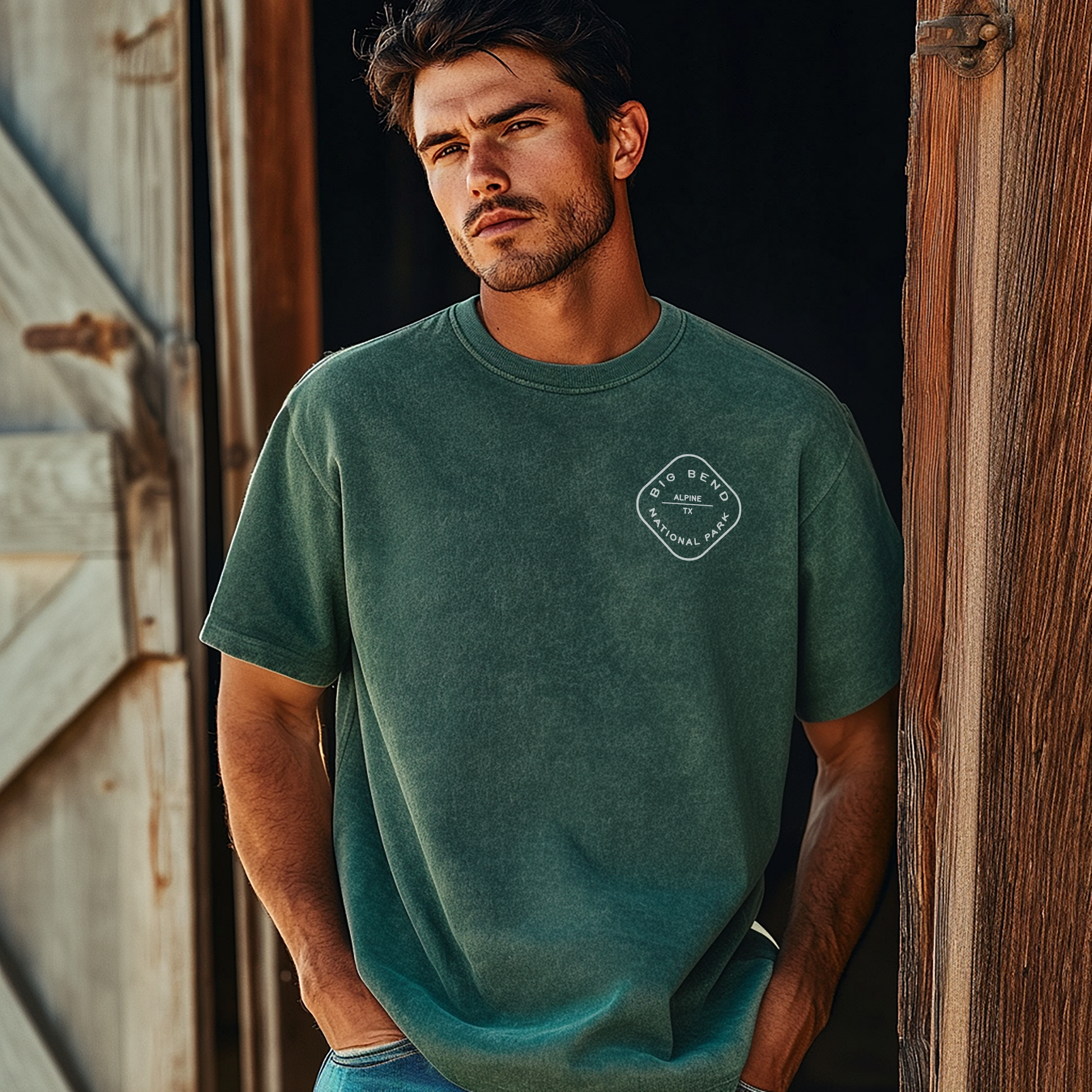 A model wears the big bend checkered comfort colors t-shirt