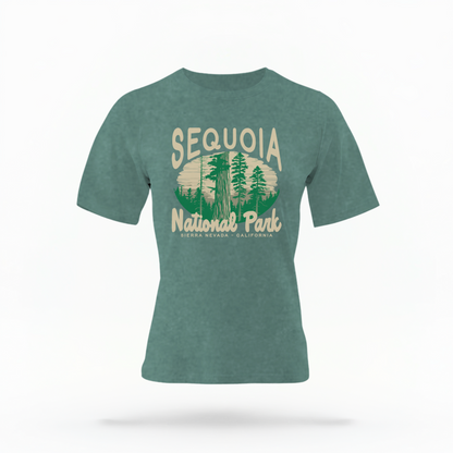 The Blue Spruce Adult Unisex Sequoia National Park Comfort Colors T-shirt lays flat on a white background. The ﻿Sequoia National Park﻿ graphic is in bold cream in a Rustic Park style.