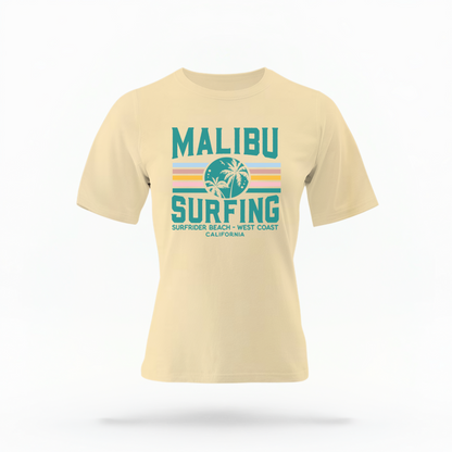 The Butter Adult Unisex Malibu California Surfing Comfort Colors T-shirt lays flat on a white background. The ﻿Malibu California Surfing﻿ graphic is in bold Lifestyle in a Multicolor style.