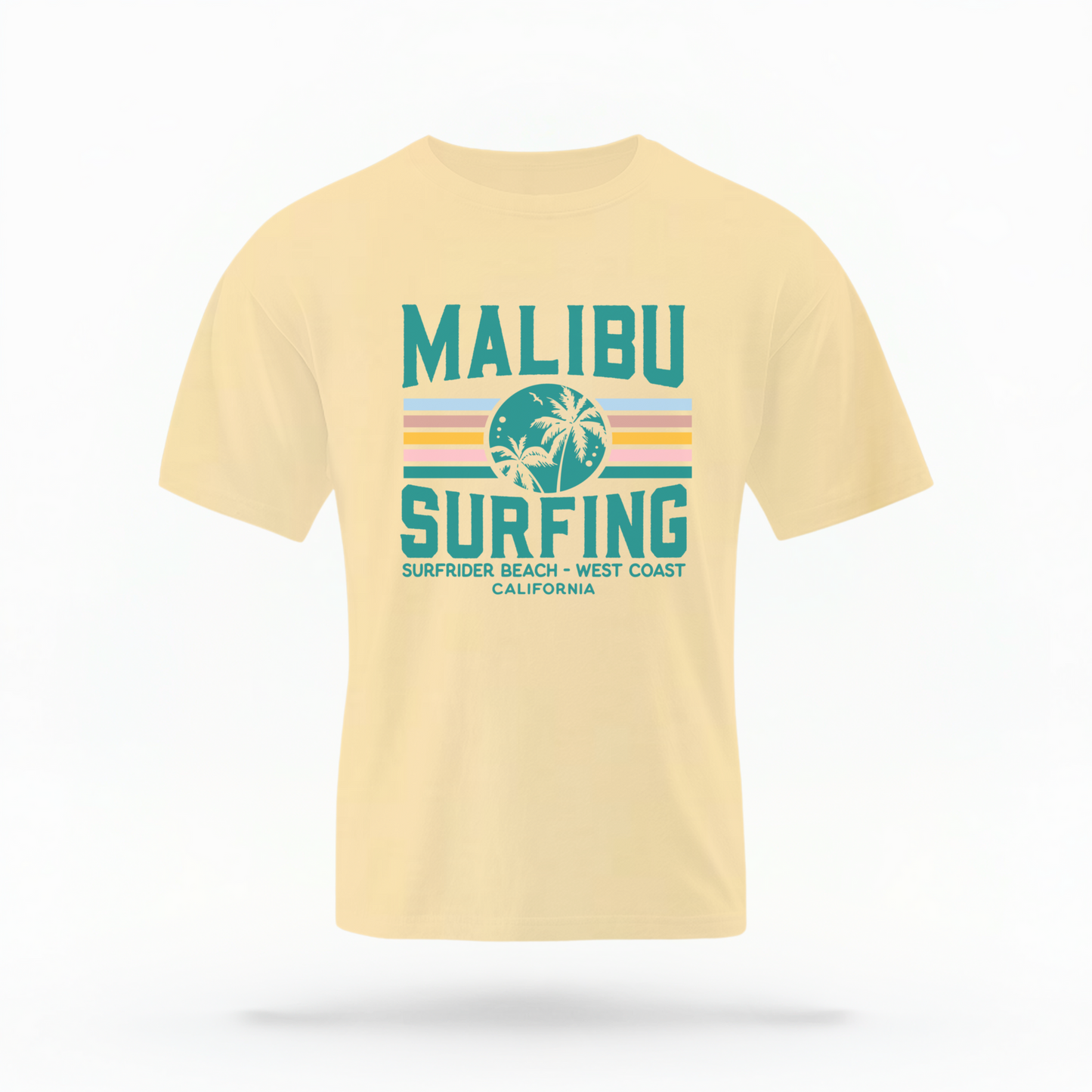 The Butter Yellow Adult Unisex Malibu California Surfing Comfort Colors T-shirt lays flat on a white background. The ﻿Malibu California Surfing﻿ graphic is in bold Lifestyle in a Multicolor style.