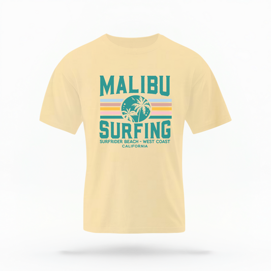 The Butter Yellow Adult Unisex Malibu California Surfing Comfort Colors T-shirt lays flat on a white background. The ﻿Malibu California Surfing﻿ graphic is in bold Lifestyle in a Multicolor style.