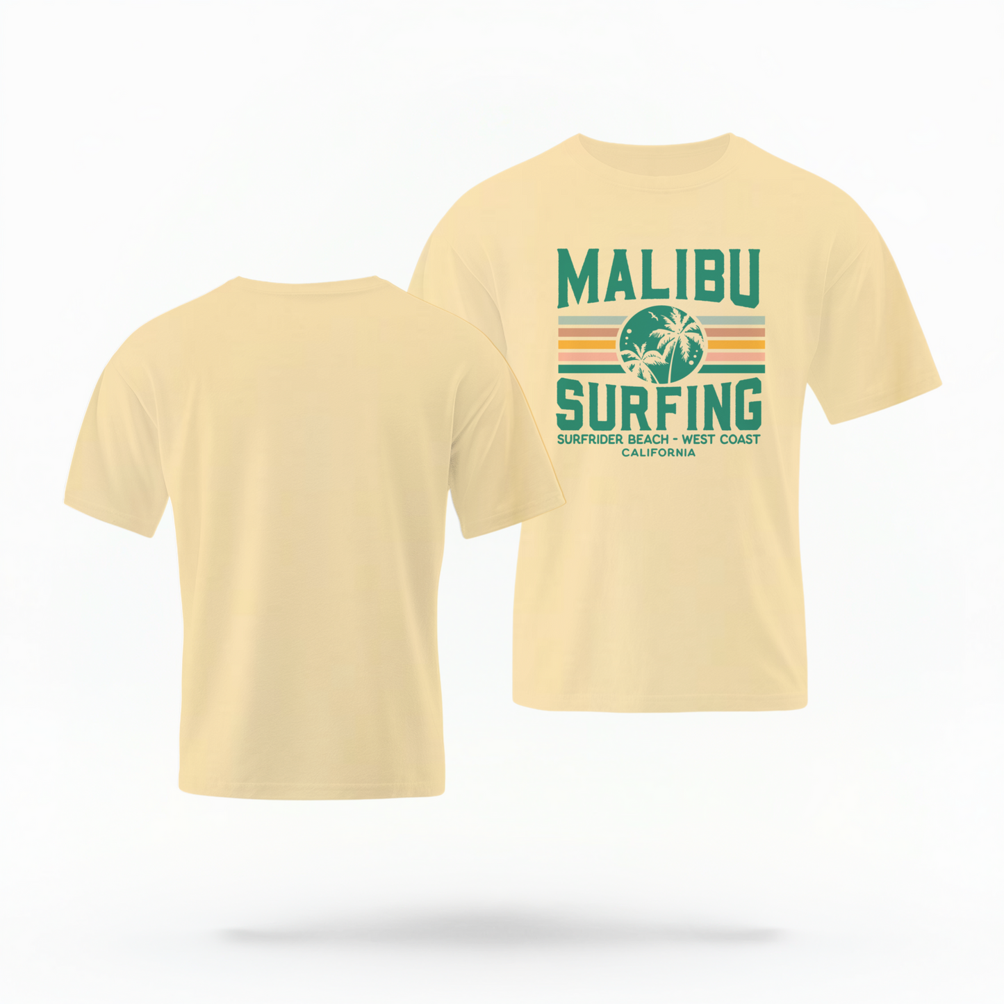 The Butter Adult Unisex Malibu California Surfing Comfort Colors T-shirt lays flat on a white background. The ﻿Malibu California Surfing﻿ graphic is in bold Lifestyle in a Multicolor style.