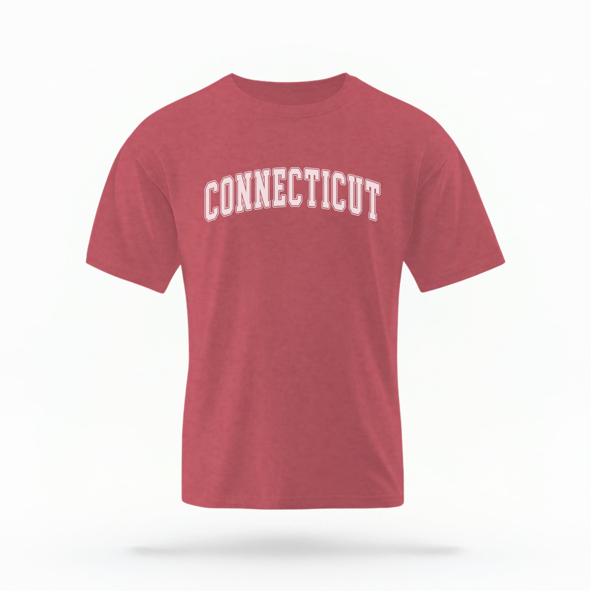 The Crimson Unisex Connecticut Varsity Comfort Colors T-shirt lays flat on a white background. The Connecticut graphic is in bold white in a varsity offset style.