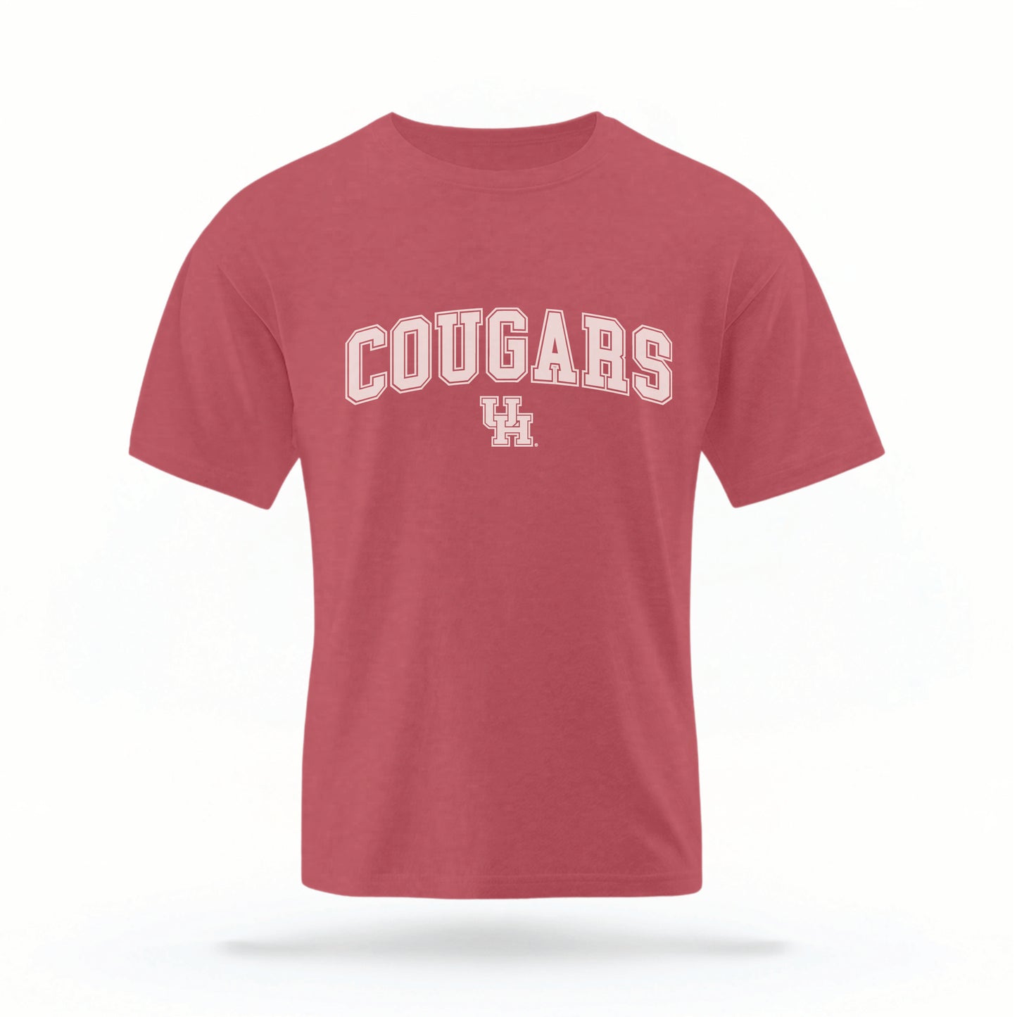 The red Cougars UH Varsity t-shirt lays flat on a white background. The ﻿Cougars UH Varsity graphic is in bold white in a scripted font style.