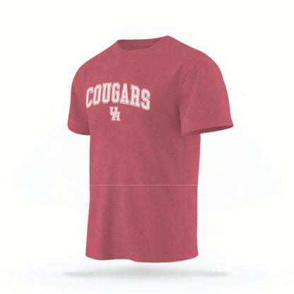 The red Cougars UH Varsity t-shirt lays flat on a white background. The ﻿Cougars UH Varsity graphic is in bold white in a scripted font style.