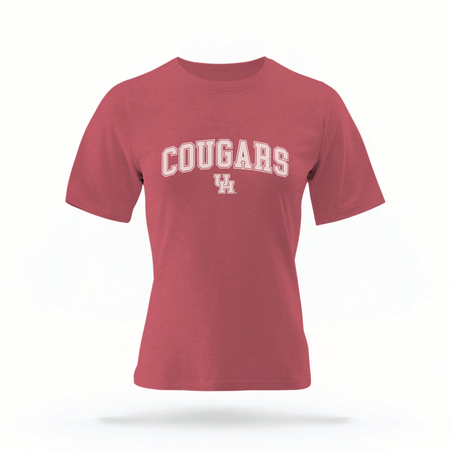 The red Cougars UH Varsity t-shirt lays flat on a white background. The ﻿Cougars UH Varsity graphic is in bold white in a scripted font style.