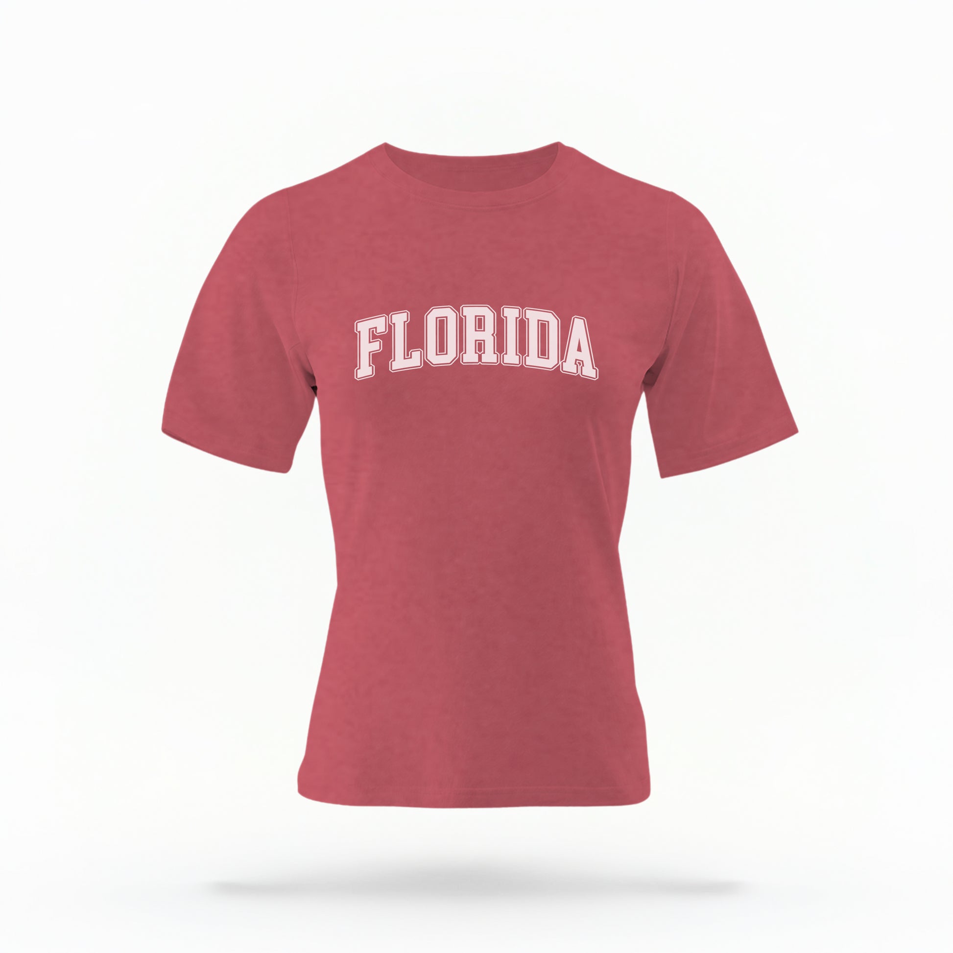 The Crimson Adult Unisex Florida Varsity Comfort Colors T-shirt lays flat on a white background. The Florida graphic is in bold white in a varsity offset style.