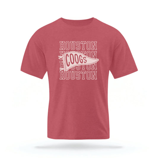 The Crimson Red Houston Cougars t-shirt lays flat on a white background. 