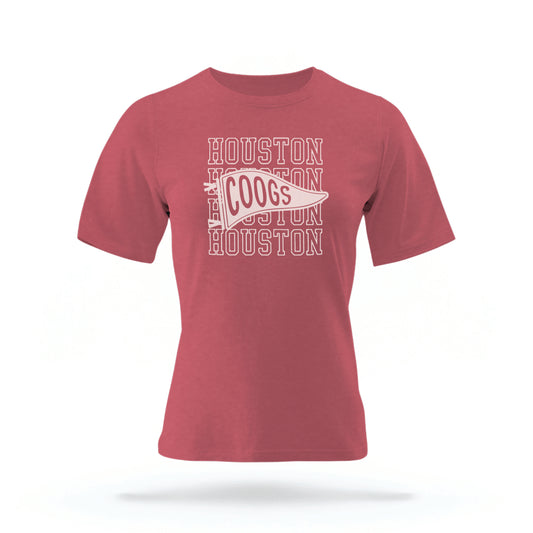 The Crimson Red Houston Cougars t-shirt lays flat on a white background. 