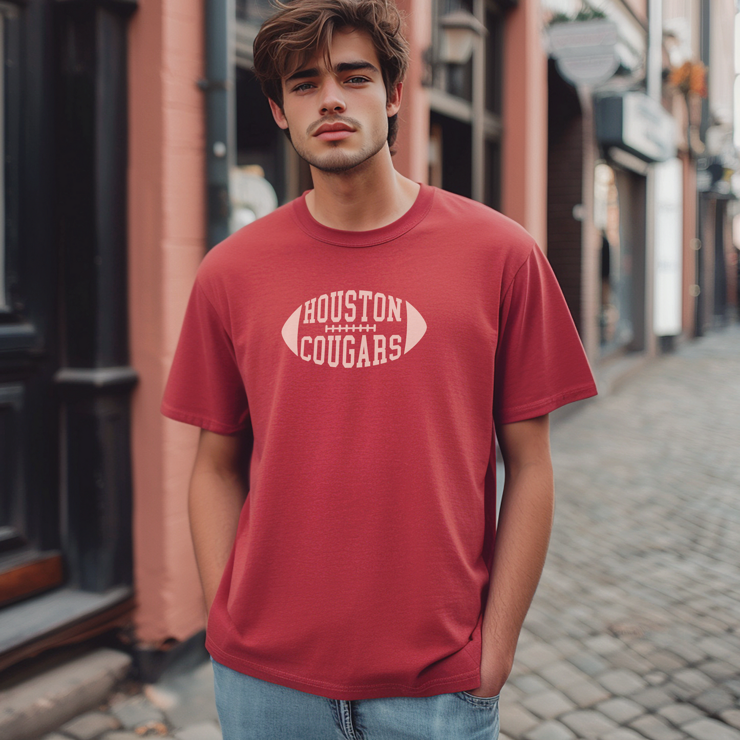 A model wears the Houston Cougars t-shirt. 