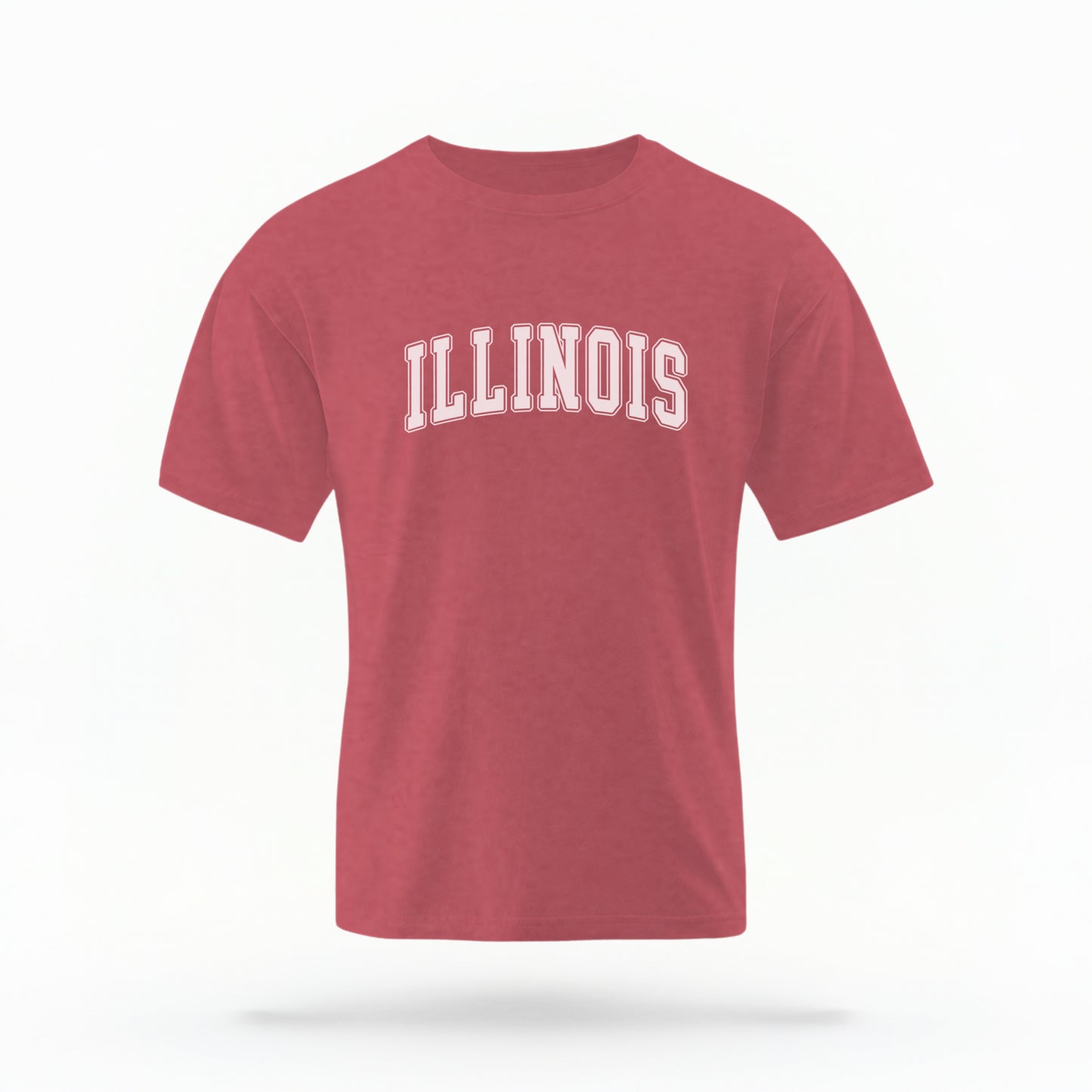 The Crimson Unisex Illinois Varsity Comfort Colors T-shirt lays flat on a white background. The Illinois graphic is in bold white in a varsity offset style.