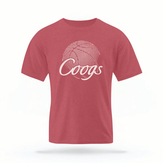 The red Houston Cougars Basketball vintage t-shirt lays flat on a white background. The ﻿Houston Cougars Basketball graphic is in bold white in a scripted font style.