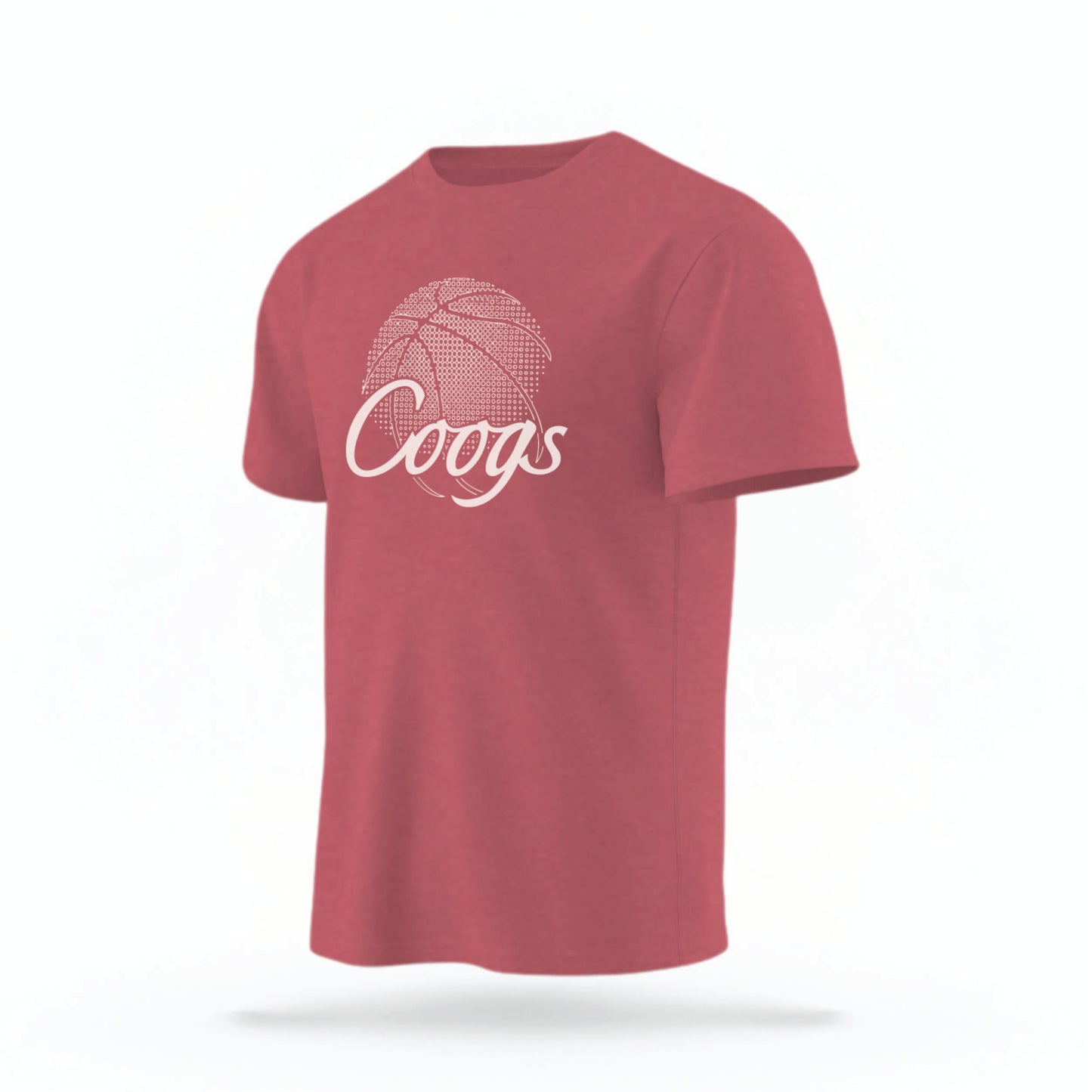 The Crimson Houston Cougars Basketball vintage t-shirt lays flat on a white background. The ﻿Houston Cougars Basketball graphic is in bold white in a scripted font style.