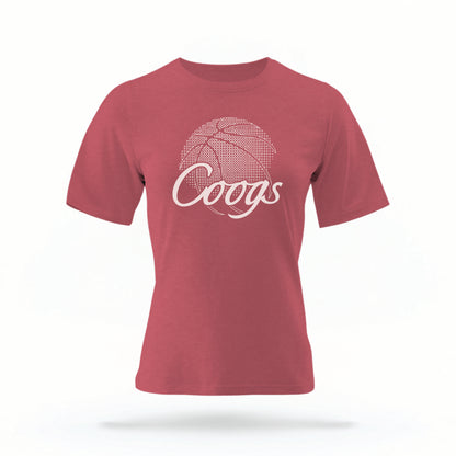 The grey Houston Cougars Basketball vintage t-shirt lays flat on a white background. The ﻿Houston Cougars Basketball graphic is in bold red in a scripted font style.