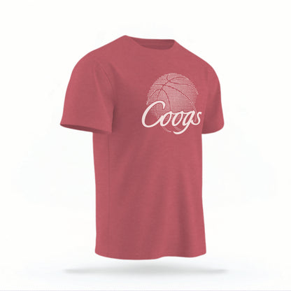 The red Houston Cougars Basketball vintage t-shirt lays flat on a white background. The ﻿Houston Cougars Basketball graphic is in bold white in a scripted font style.