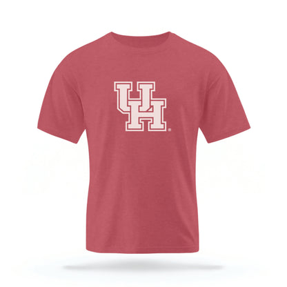 The Crimson Red Houston Cougars t-shirt lays flat on a white background. 