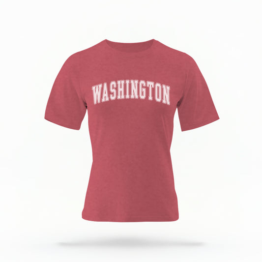 The Crimson Unisex Washington Varsity Comfort Colors T-shirt lays flat on a white background. The Washington graphic is in bold white in a varsity offset style.