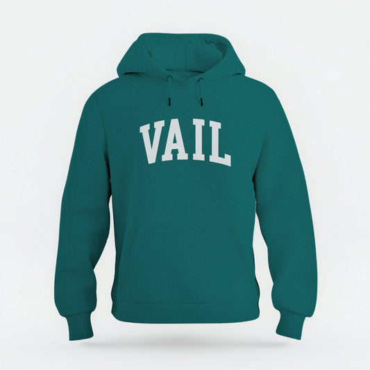 The Emerald Green Vail Colorado Varsity Organic Cotton Hoodie lays flat on a white background.