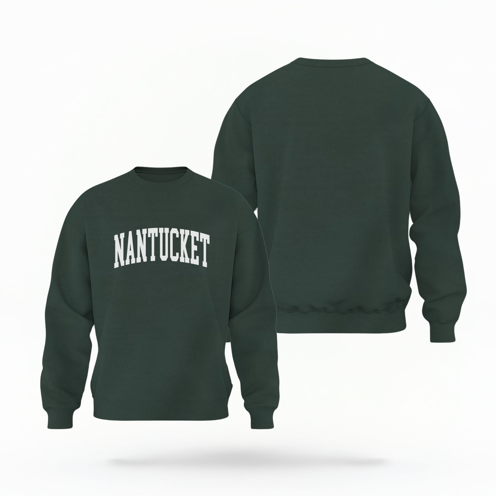 The Forest Green Unisex Nantucket Varsity Crewneck Sweatshirt lays flat on a white background. The Nantucket graphic is in bold white and varsity offset style.