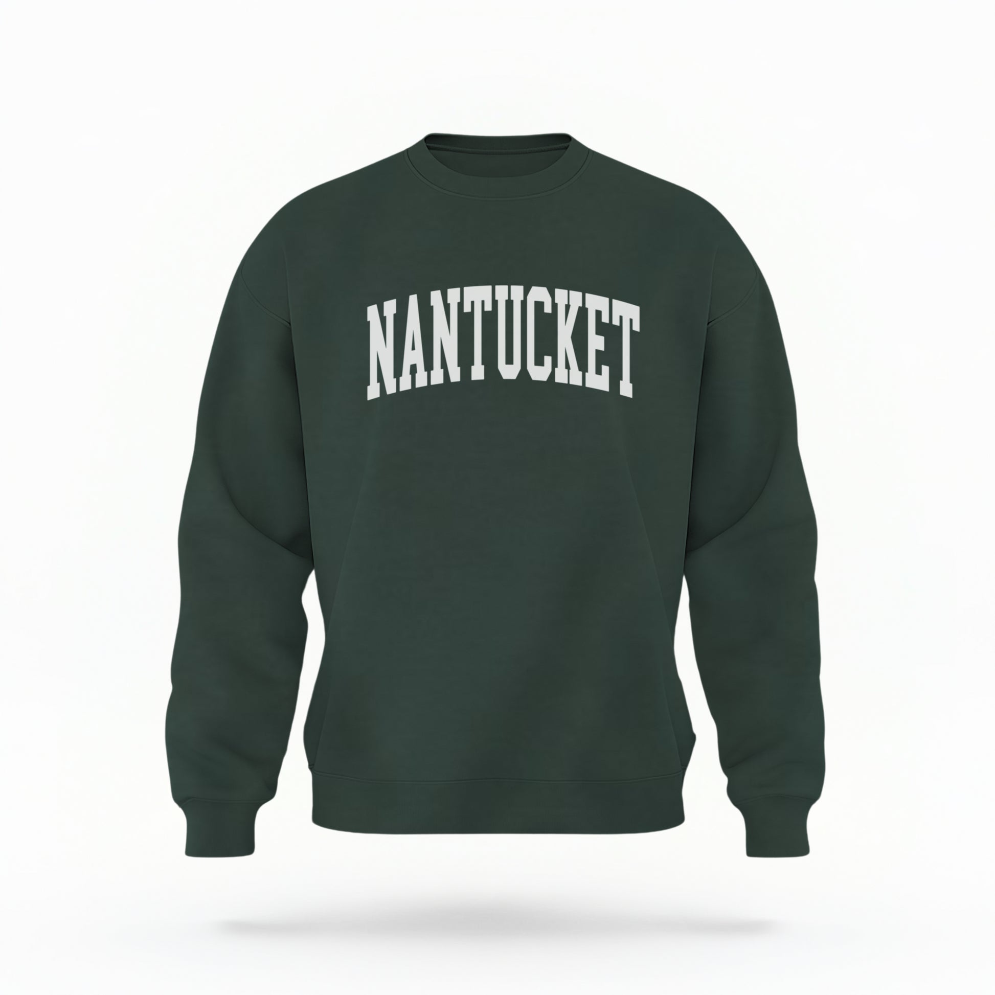 The Forest Green Unisex Nantucket Varsity Crewneck Sweatshirt lays flat on a white background. The Nantucket graphic is in bold white and varsity offset style.