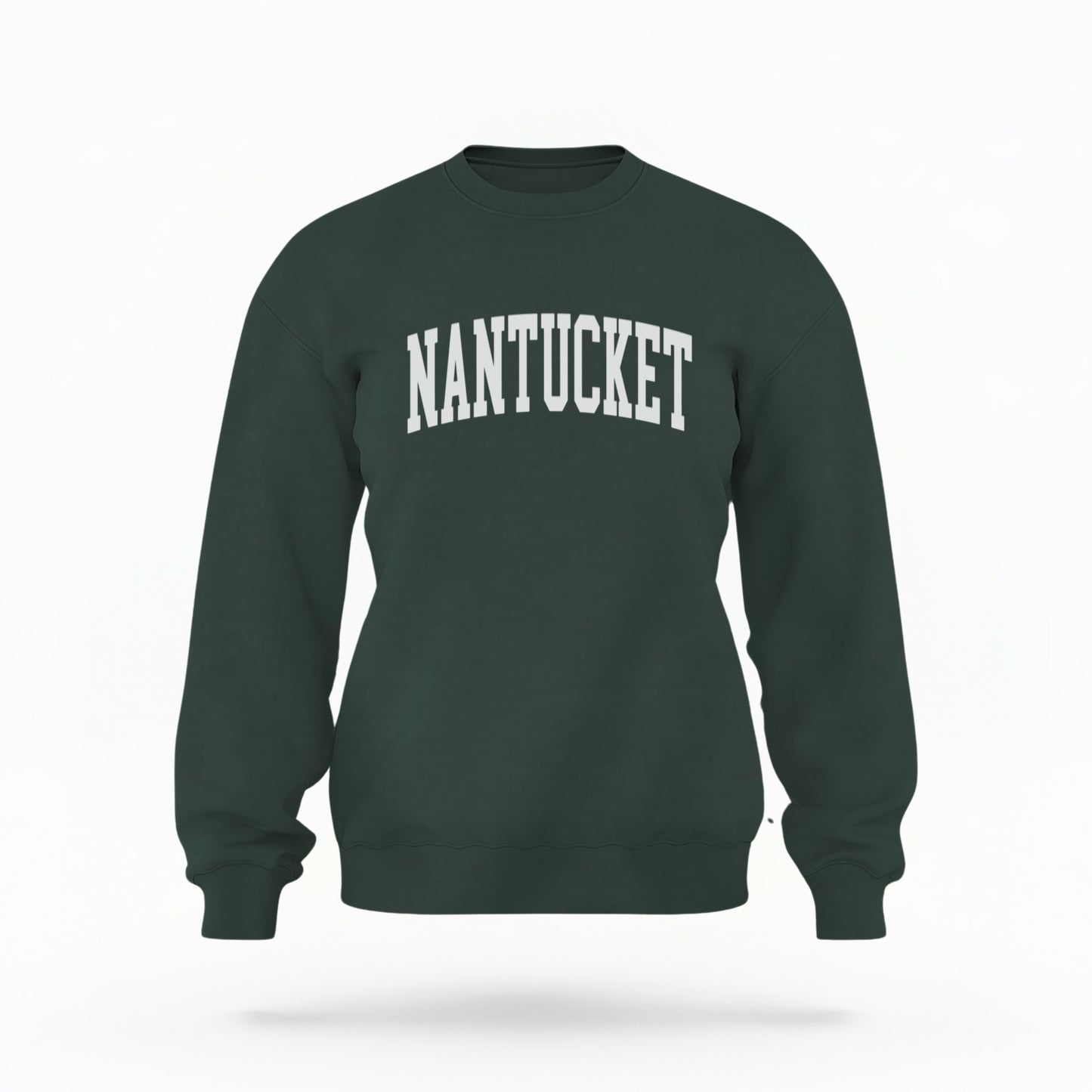 The Forest Green Unisex Nantucket Varsity Crewneck Sweatshirt lays flat on a white background. The Nantucket graphic is in bold white and varsity offset style.