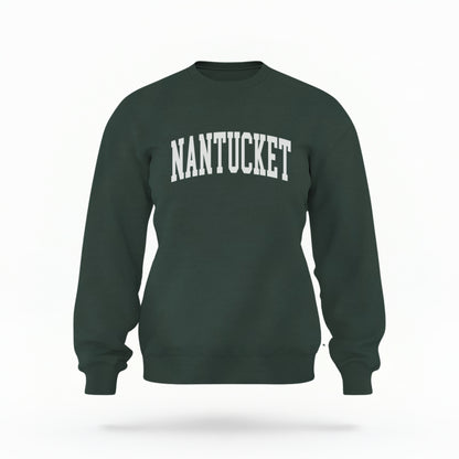 The Forest Green Unisex Nantucket Varsity Crewneck Sweatshirt lays flat on a white background. The Nantucket graphic is in bold white and varsity offset style.