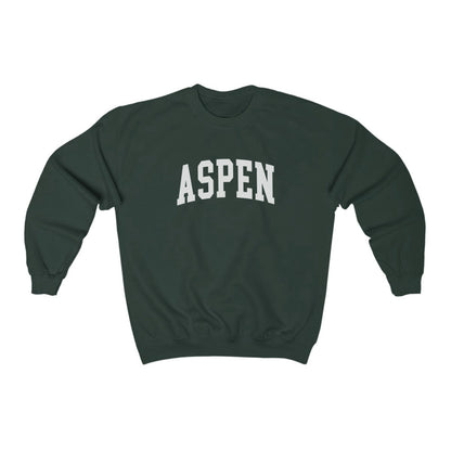 The Forest Green Aspen Colorado Varsity Crewneck Sweatshirt lays flat on a white background. The ﻿Aspen Colorado Varsity﻿ graphic is in bold White in a Collegiate style.