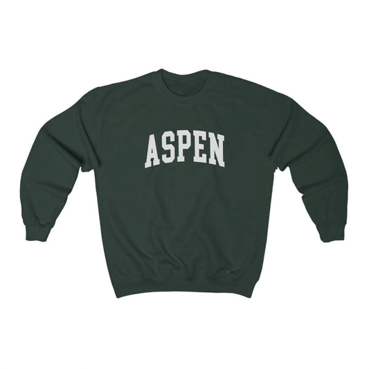 The Forest Green Aspen Colorado Varsity Crewneck Sweatshirt lays flat on a white background. The ﻿Aspen Colorado Varsity﻿ graphic is in bold White in a Collegiate style.