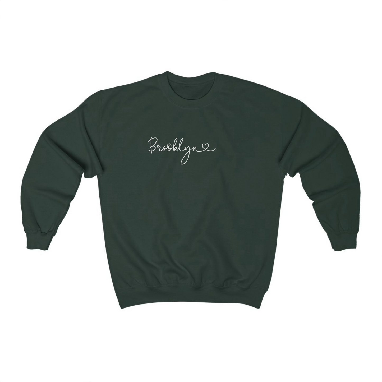 The Forest Green Adult Unisex Brooklyn NY Dainty Crewneck Sweatshirt lays flat on a white background. The ﻿Brooklyn NY Dainty﻿ graphic is in bold White in a Script style.