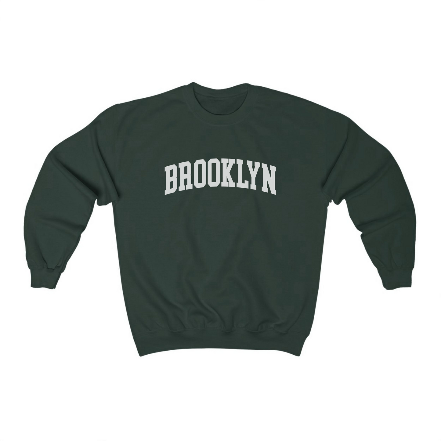 The Forest Green Adult Unisex Brooklyn NY Collegiate Crewneck Sweatshirt lays flat on a white background. The ﻿Brooklyn NY Collegiate﻿ graphic is in bold White in a Varsity style.